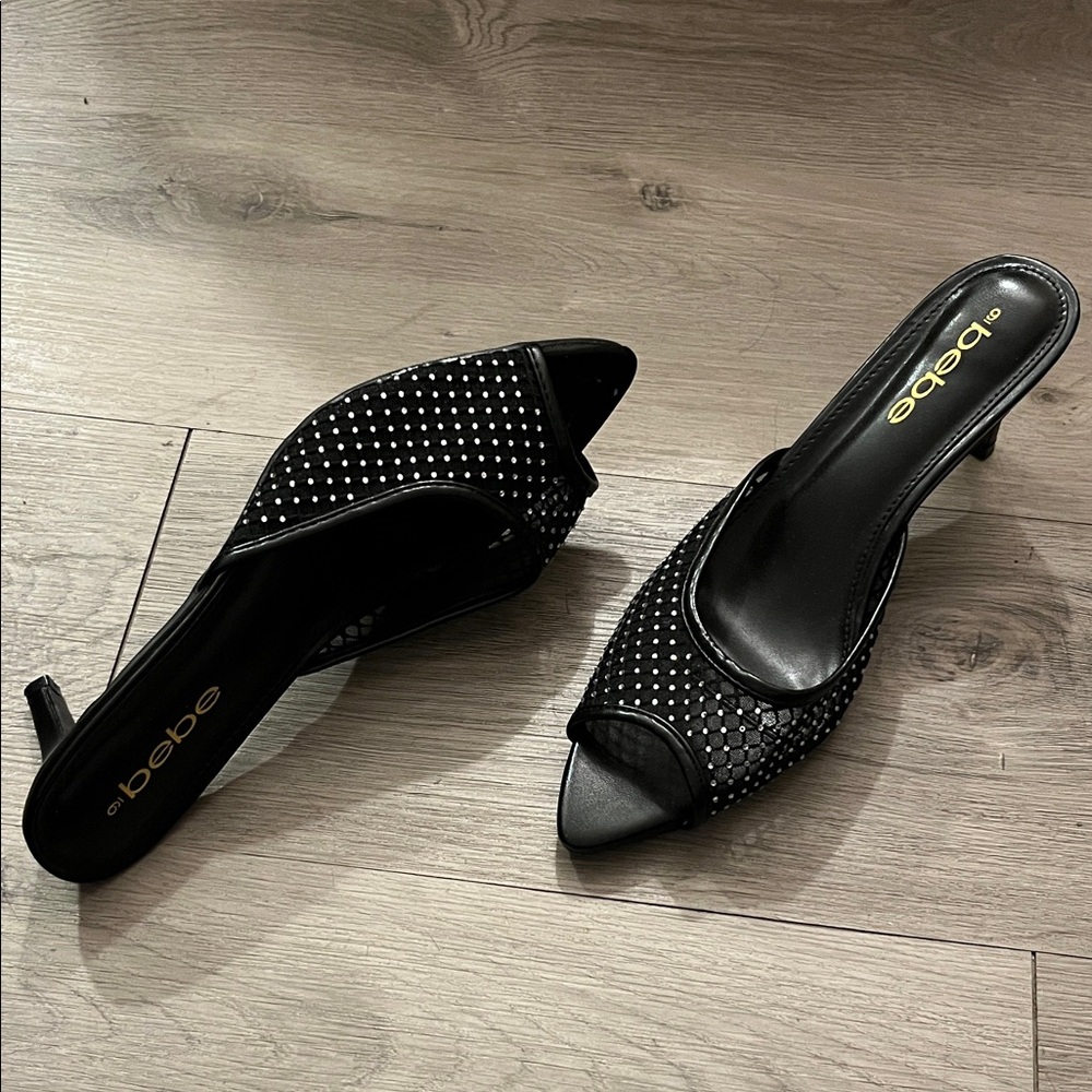 Bebe Black Rhinestone Mules - Picture 2 of 2